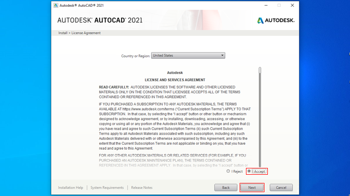 Chấp nhận điều khoản cài đặt AutoCAD