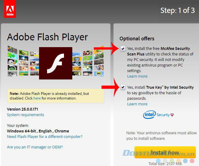Nhấp chọn cài đặt Adobe Flash Player