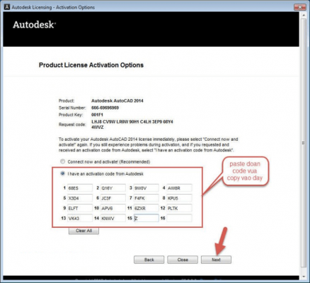 Dán Activation Code AutoCAD 2014