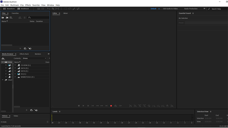 Giao diện Adobe Audition sau khi cài đặt thành công