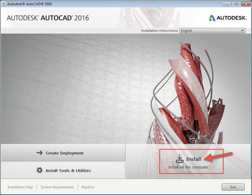 Chọn install để cài đặt autocad 2016