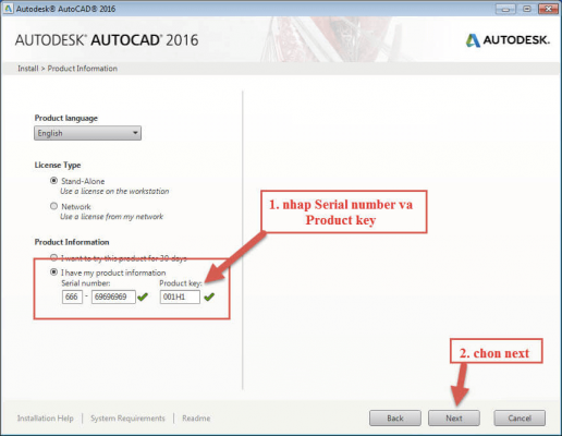 Nhập serial number và product key