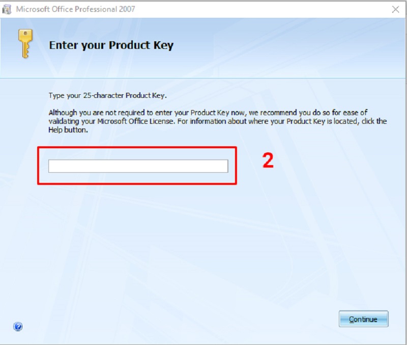 Hộp thoại nhập Product Key
