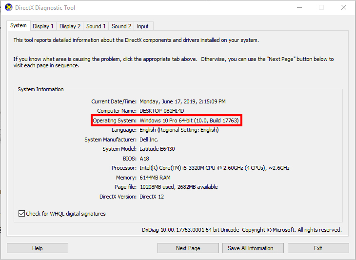 Cửa sổ DirectX Diagnostic Tool