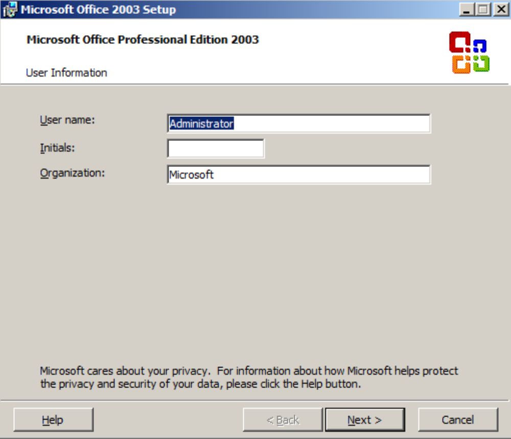 Điền thông tin người dùng Office 2003