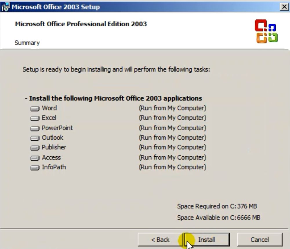 Nhấn Install để cài đặt Office 2003