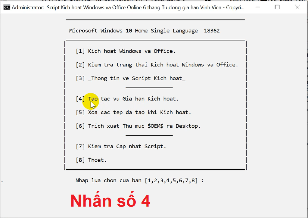 Nhấn phím 4 thiết lập gia hạn