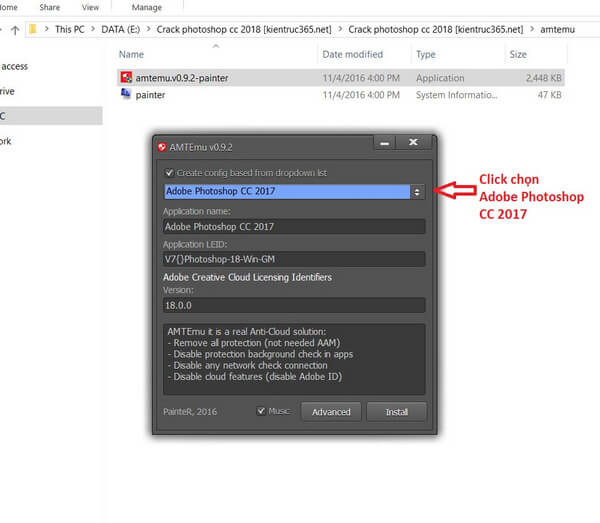 Chọn Adobe Photoshop CC 2017 trong Amtemu