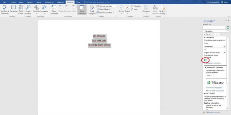 Tính năng dịch văn bản trong Word 2019