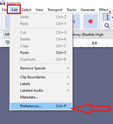 Mở mục Preferences trên Audacity