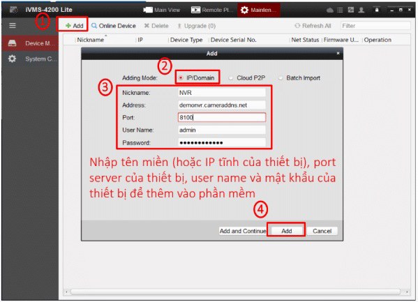Thêm camera bằng IP Domain