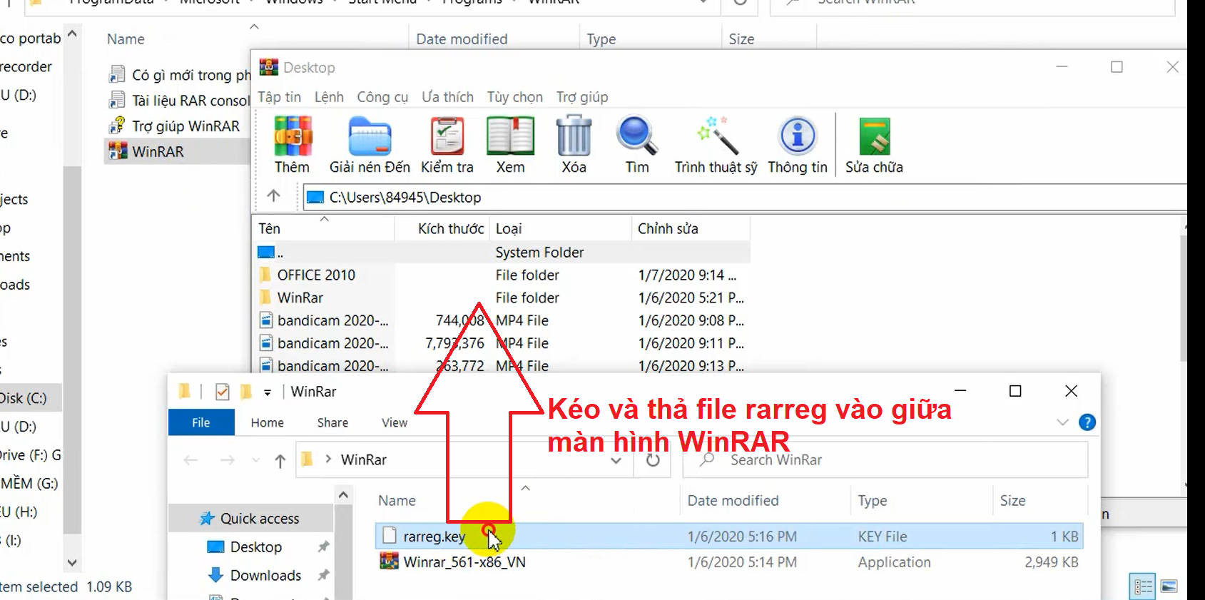 Kéo thả file rarreg.key vào WinRAR