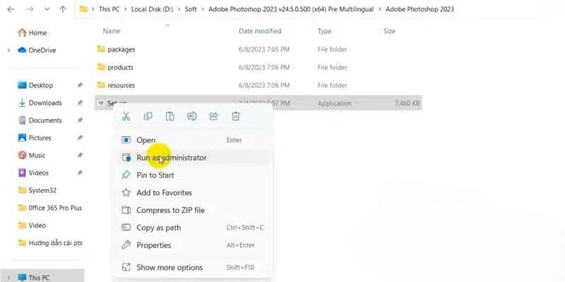 Chạy file setup bằng quyền administrator