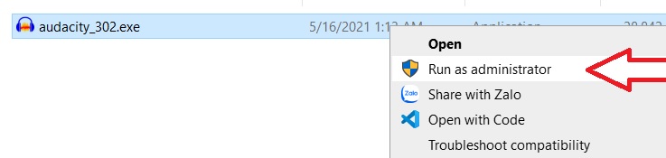 Chạy file cài đặt Audacity