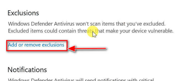 Chọn Add or remove exclusions