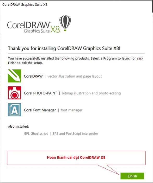 Hoàn tất cài đặt Corel X8