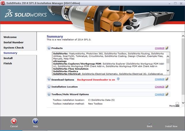 Tiến trình cài đặt SolidWorks 2014 đang chạy